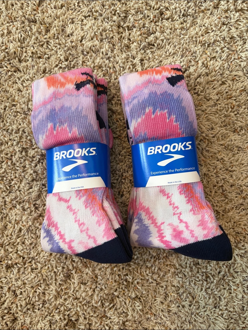 Brooks Tie-Dye Crew Athletic Socks in Pink, Purple & Orange - 2 packs (6 pair)